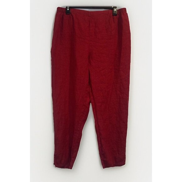 FLAX Pants - FLAX Women’s Red Linen Lagenlook Elastic Waist High Rise Pull On Pants Sz L